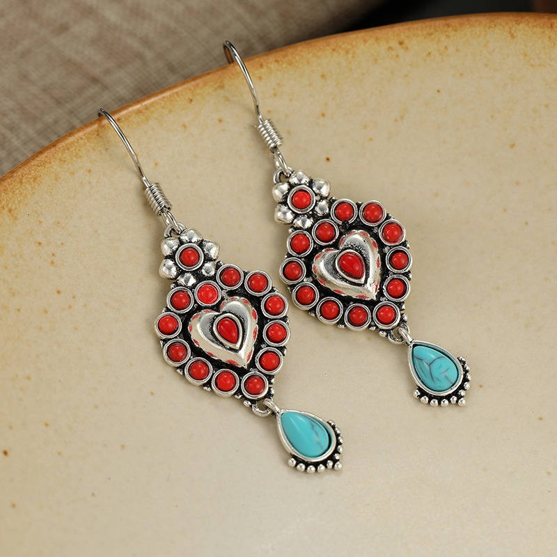 Women's Heart-Shaped Two-Tone Turquoise Inlaid Dangling Earrings